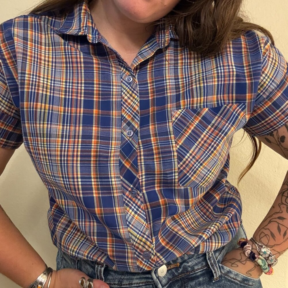 Vintage 70s Felive Blue Short Sleeve Check Plaid Button Down Shirt Large - Picture 10 of 10